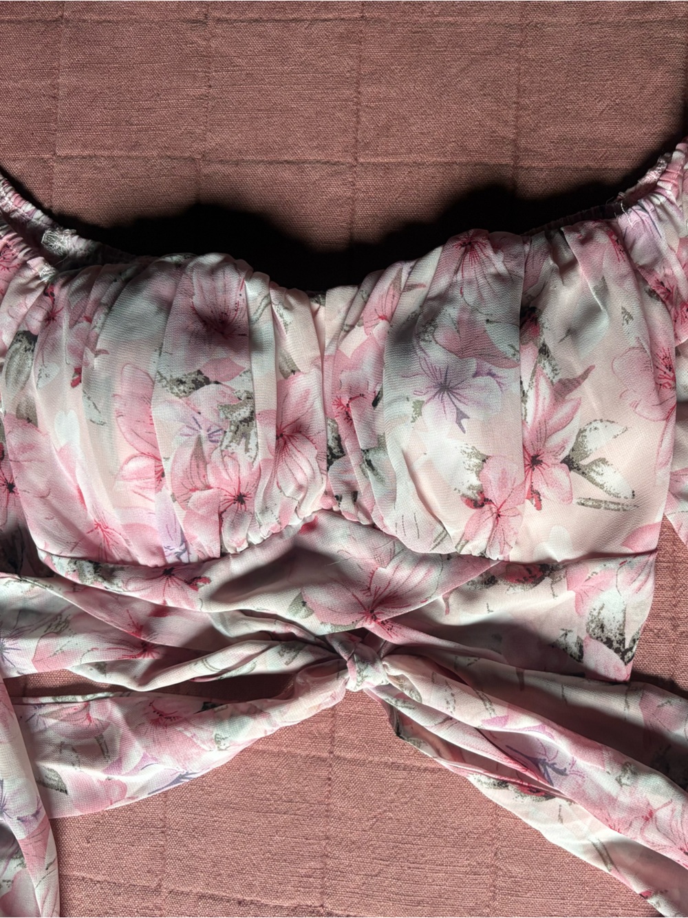 Miss Avenue Pink Floral Tie-Front Puff Sleeve Crop Top- Size M - Picture 5 of 9